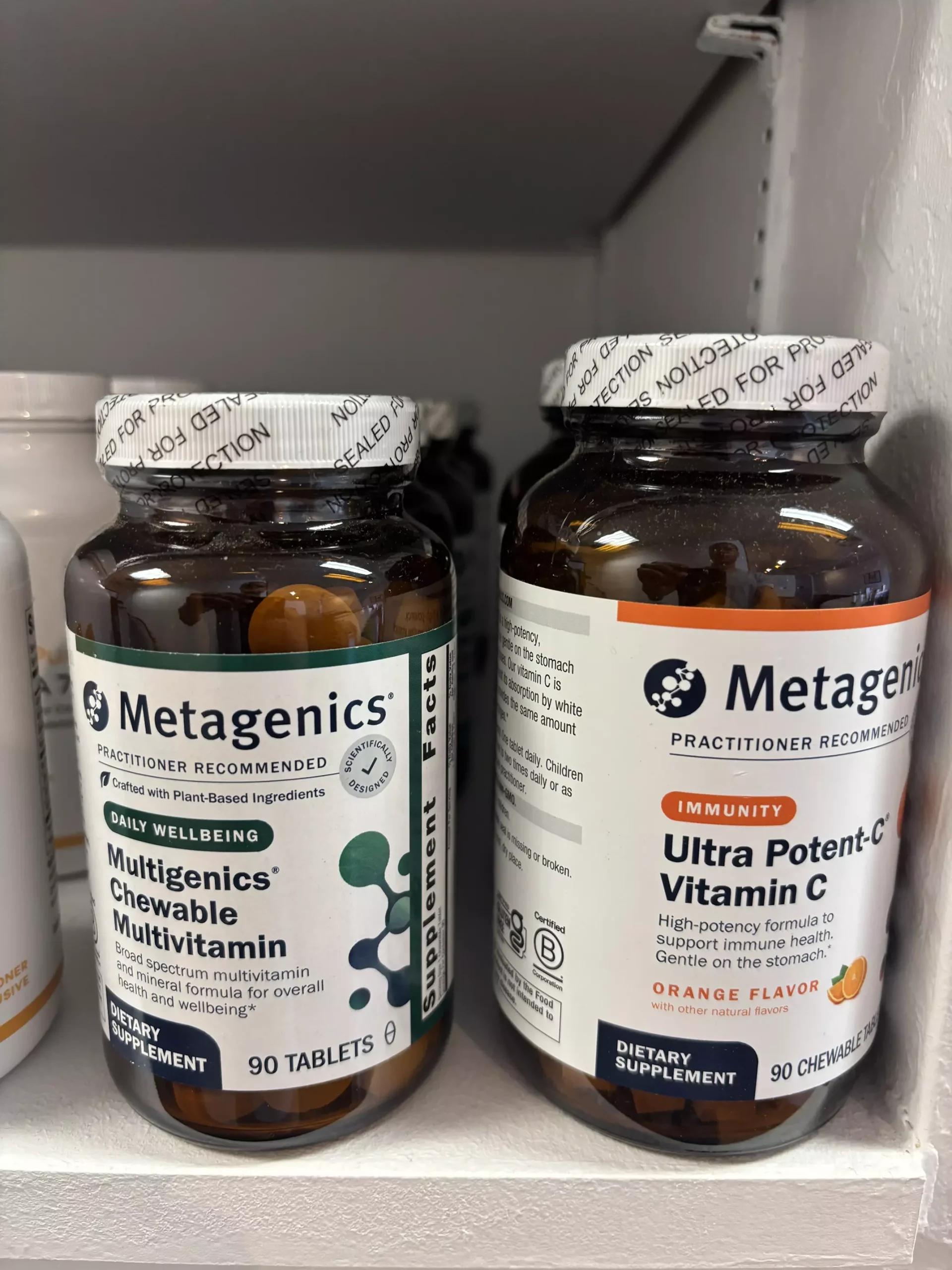 Metagenics chewable multivitamin and Vitamin C supplements